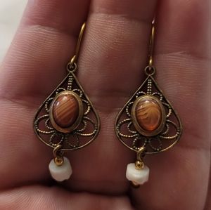 Boho Artisan Red Banded Agate Bronze Toned Filigree Handmade Drop Earrings